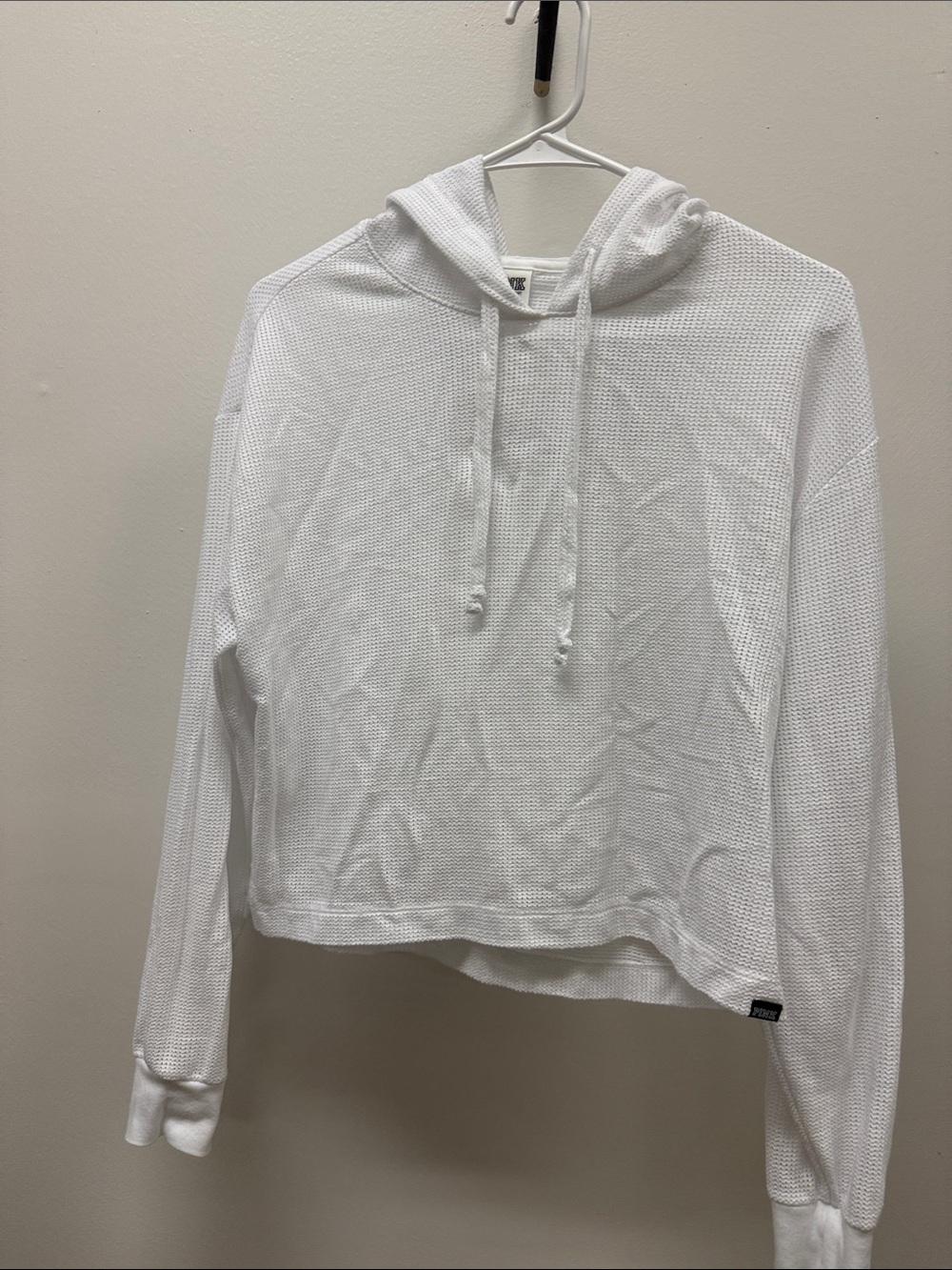 Pink by VS White Waffle Knit Hooded Pullover Sweatshirt